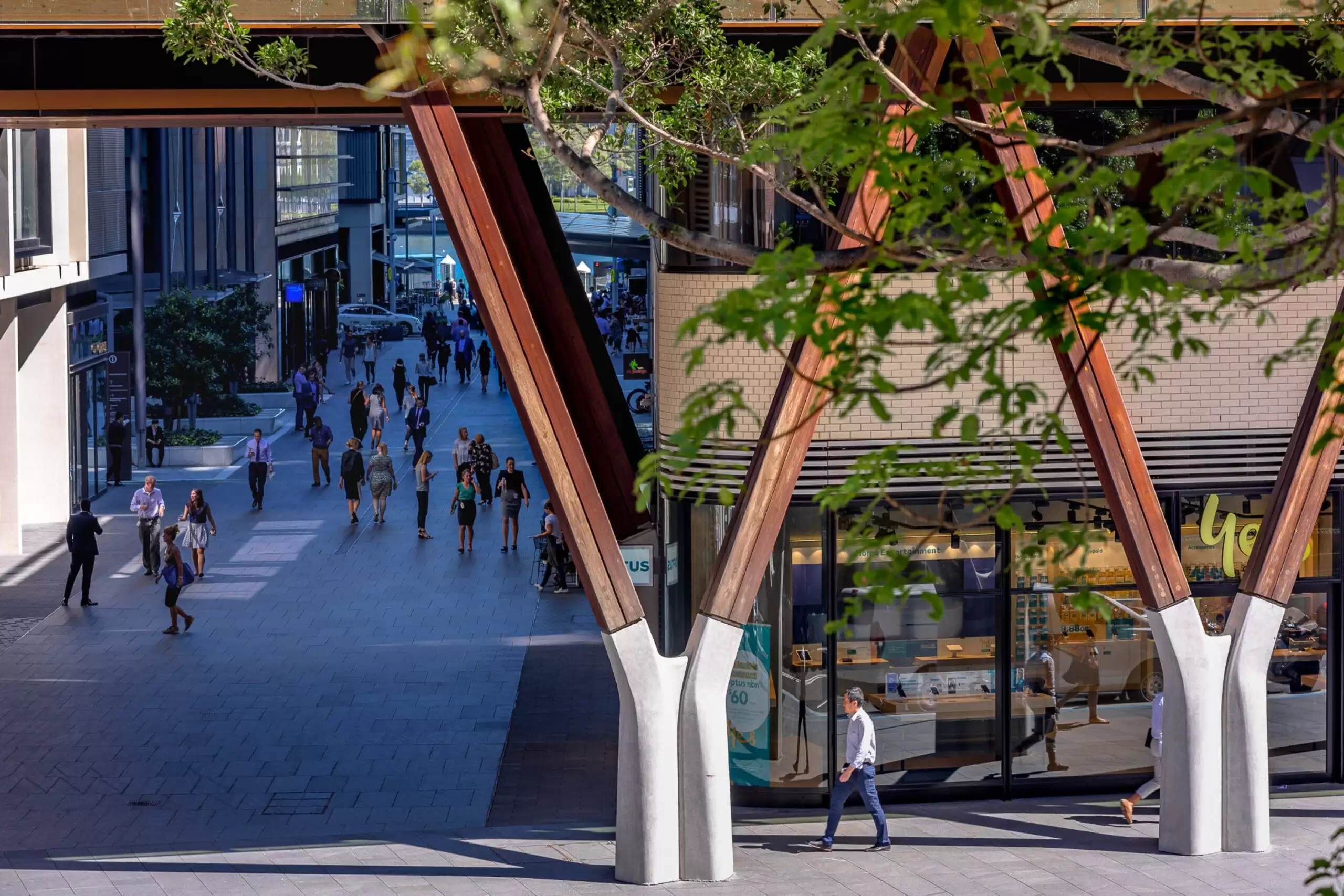 Photograph of recycled hardwood and concrete Y column adjacent to colonnade and through site link