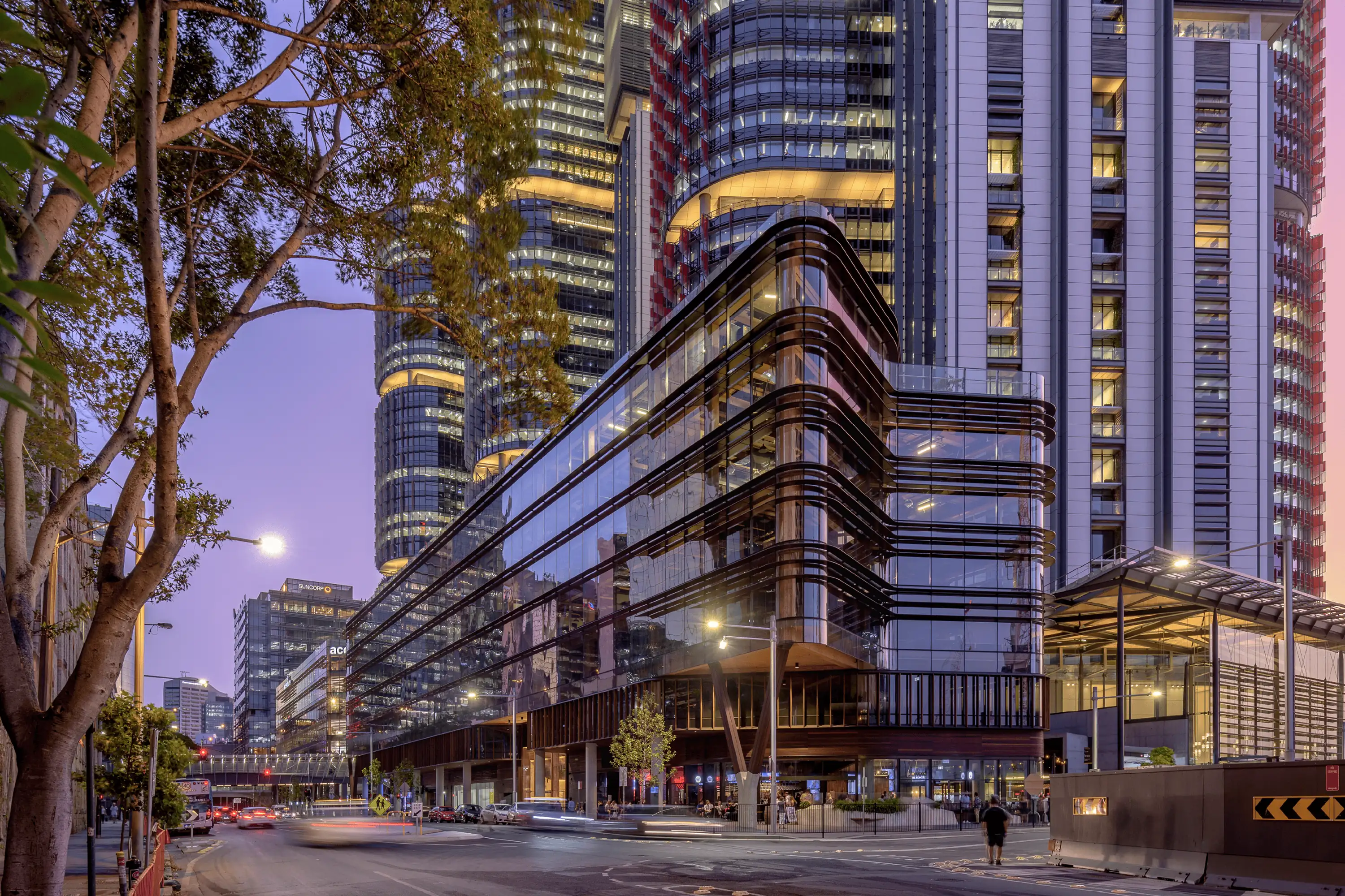 Photograph of exteriors of the award-wining Daramu House designed by Tzannes with International House Sydney in the background