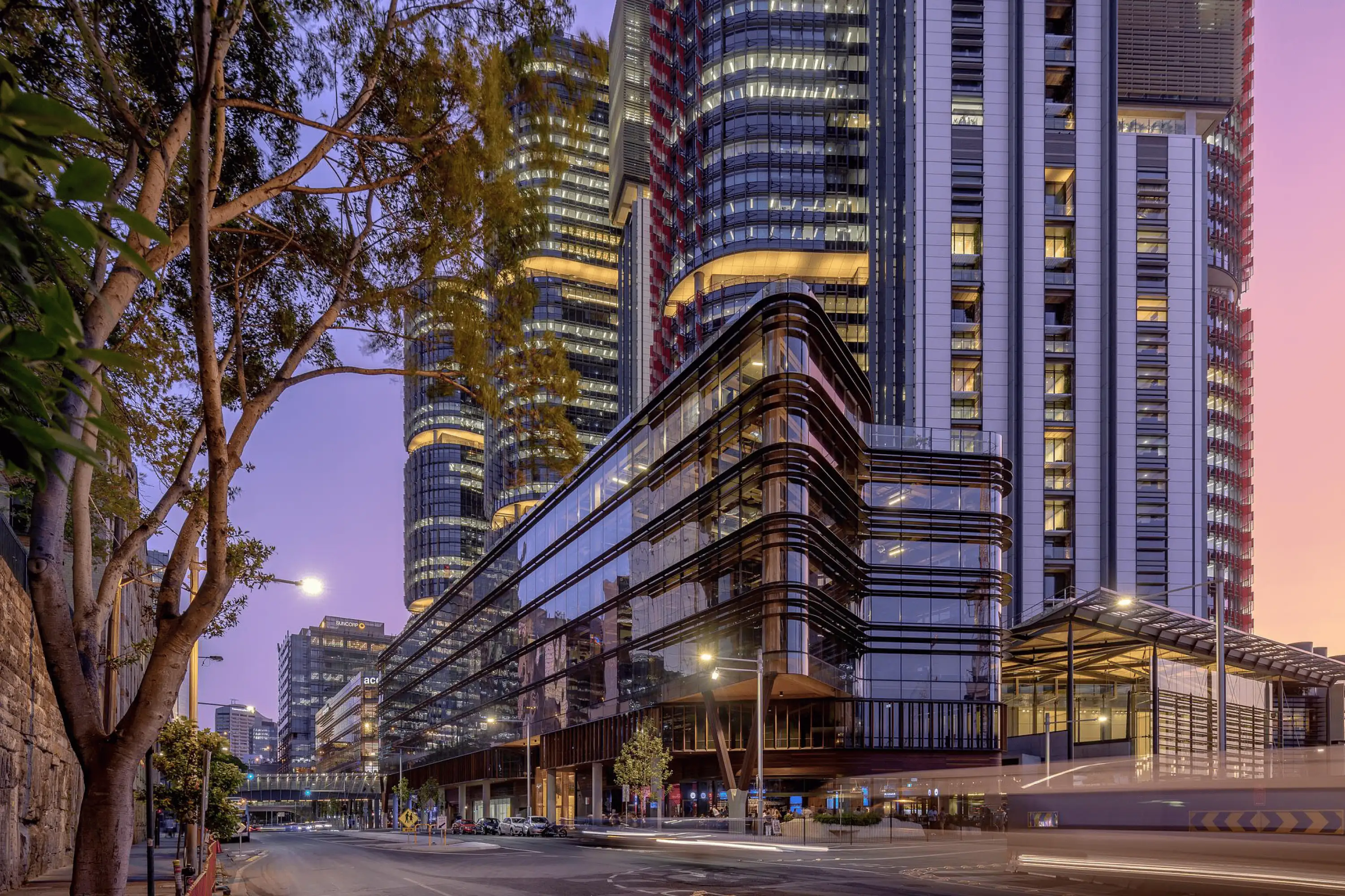 Photograph of exteriors of the award-wining Daramu House designed by Tzannes with International House Sydney in the background