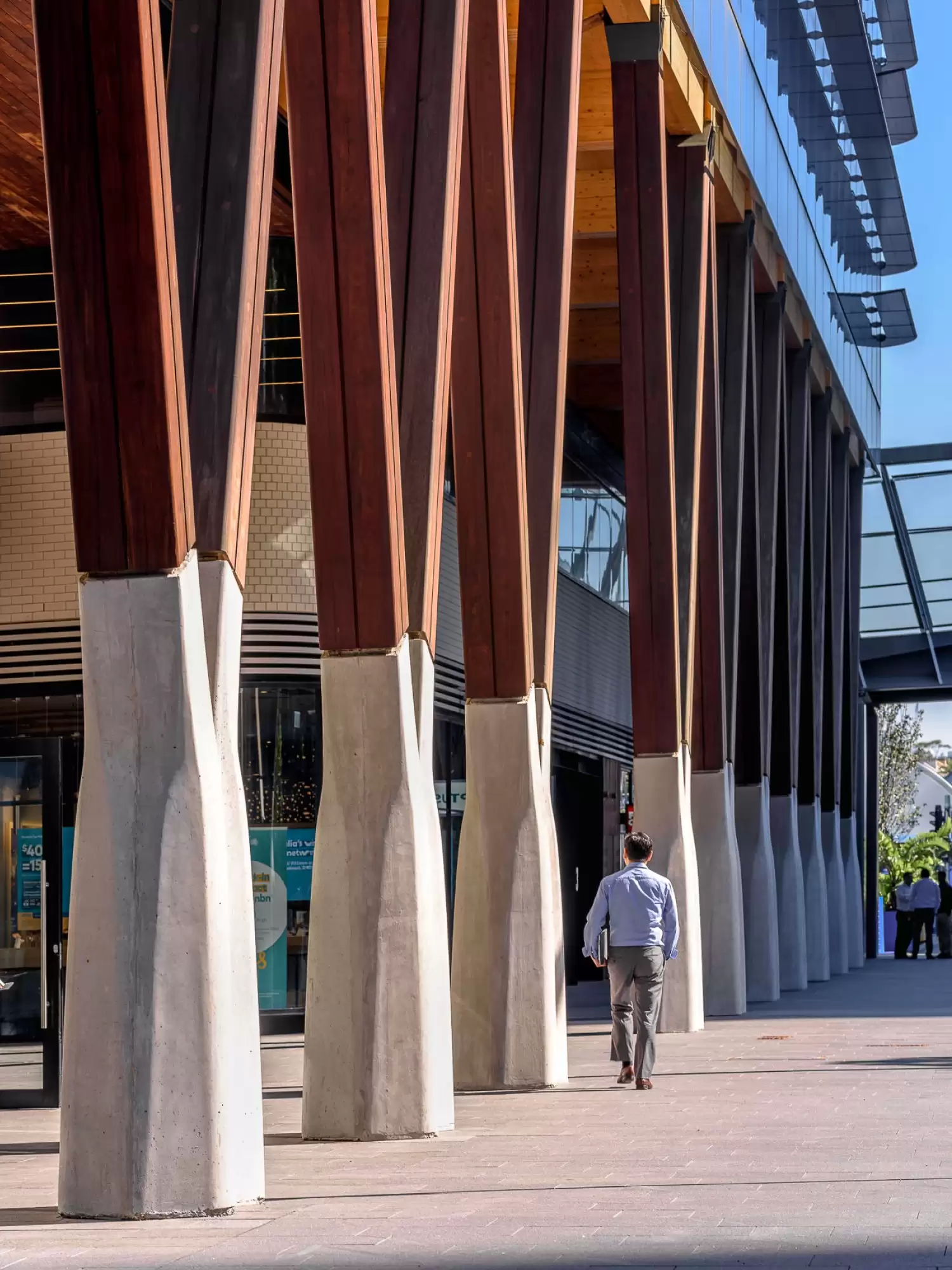 Photograph of recycled Australian hardwood columns on concrete base at the colonnade of the award-wining International House Sydney designed by Tzannes