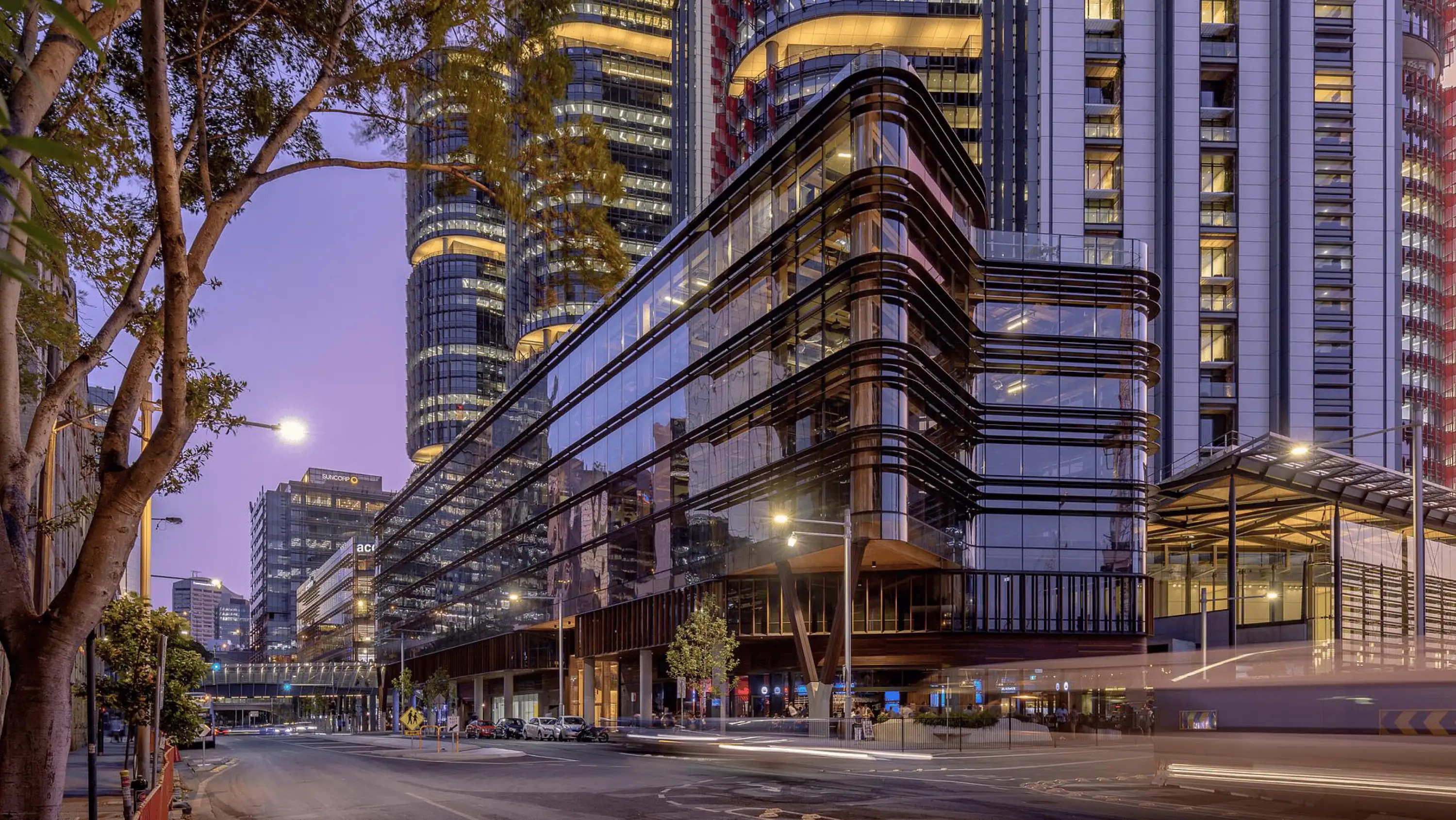 Photograph of exteriors of the award-wining Daramu House designed by Tzannes with International House Sydney in the background