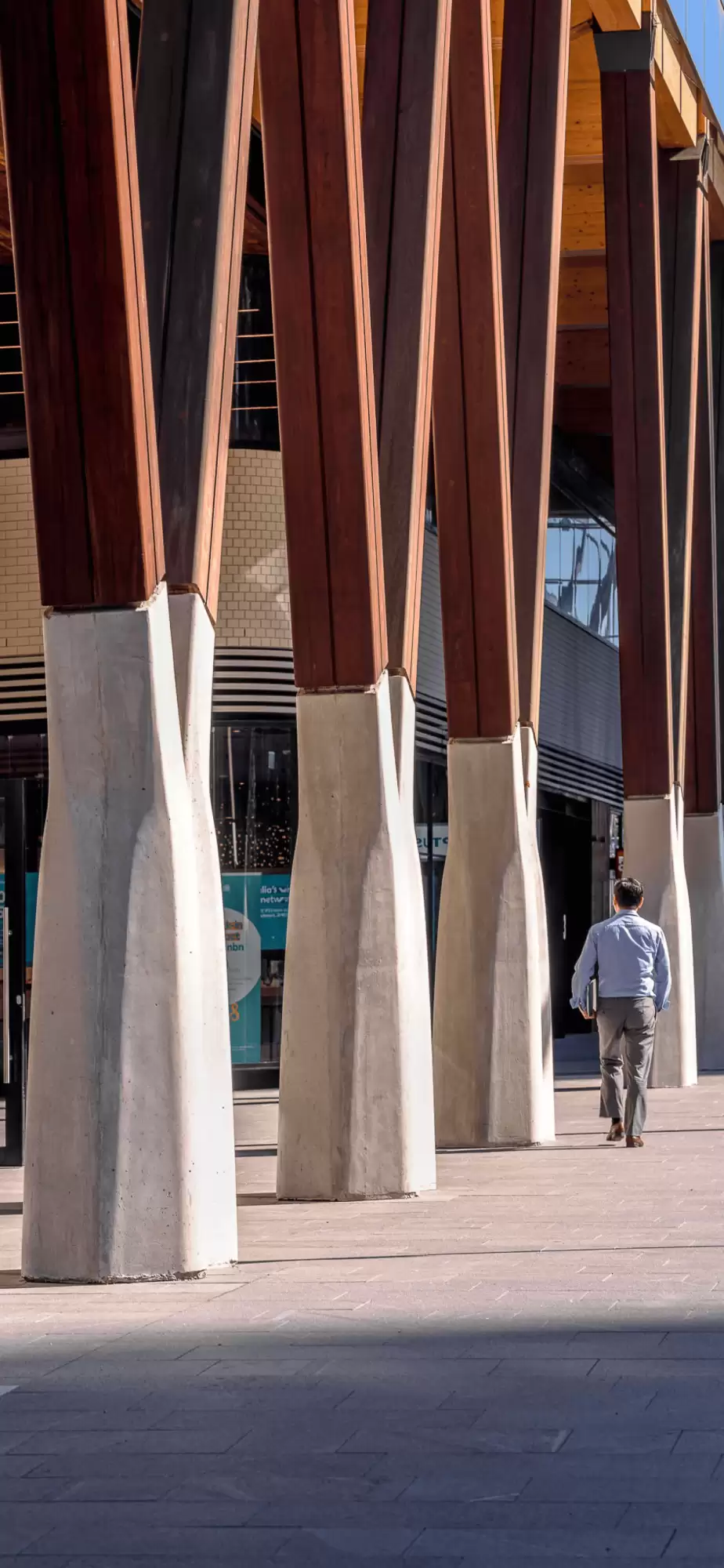 Photograph of recycled Australian hardwood columns on concrete base at the colonnade of the award-wining International House Sydney designed by Tzannes