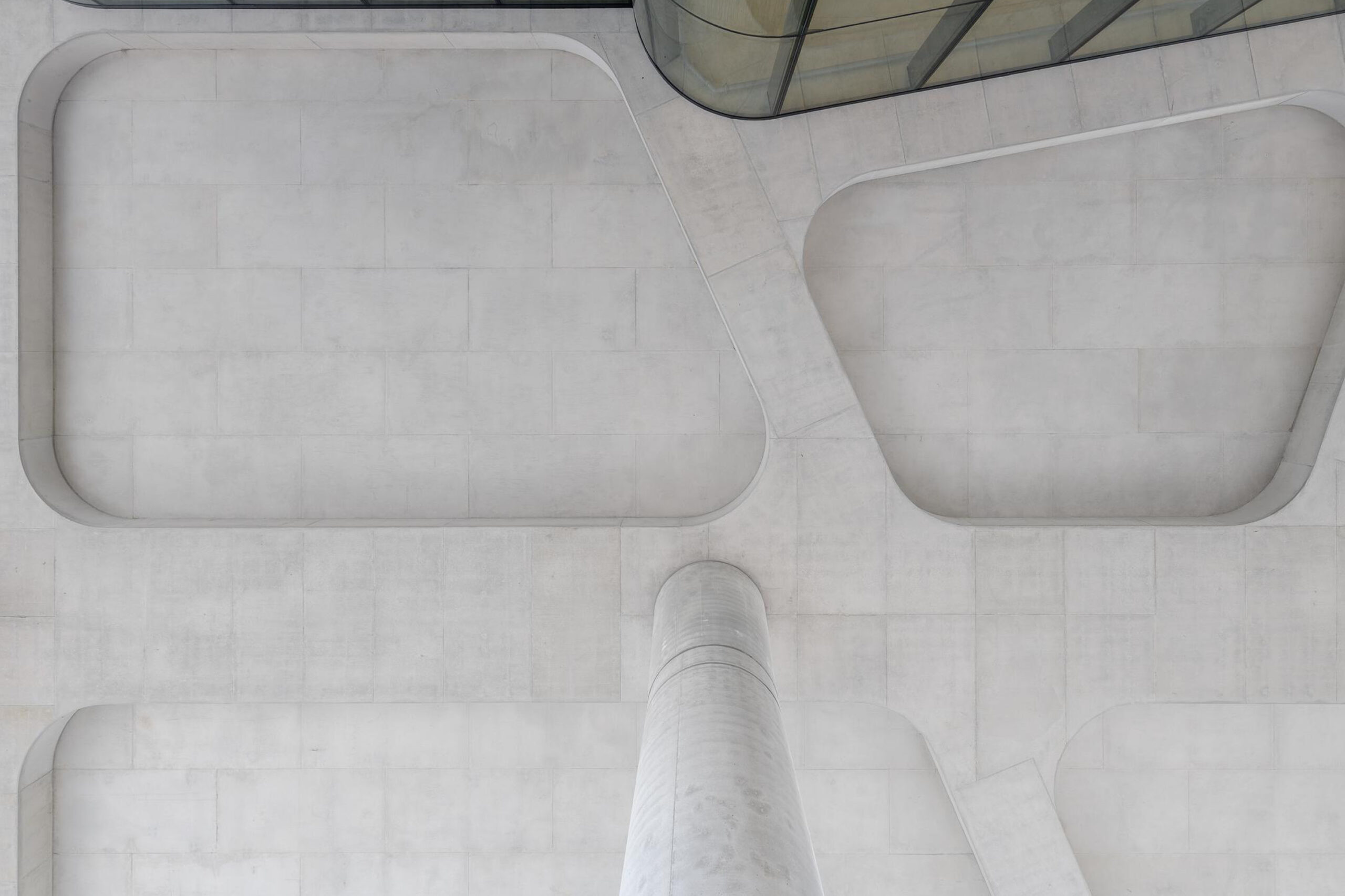 Photograph of sculptural concrete soffit above the public plaza of 6 Hassall Street