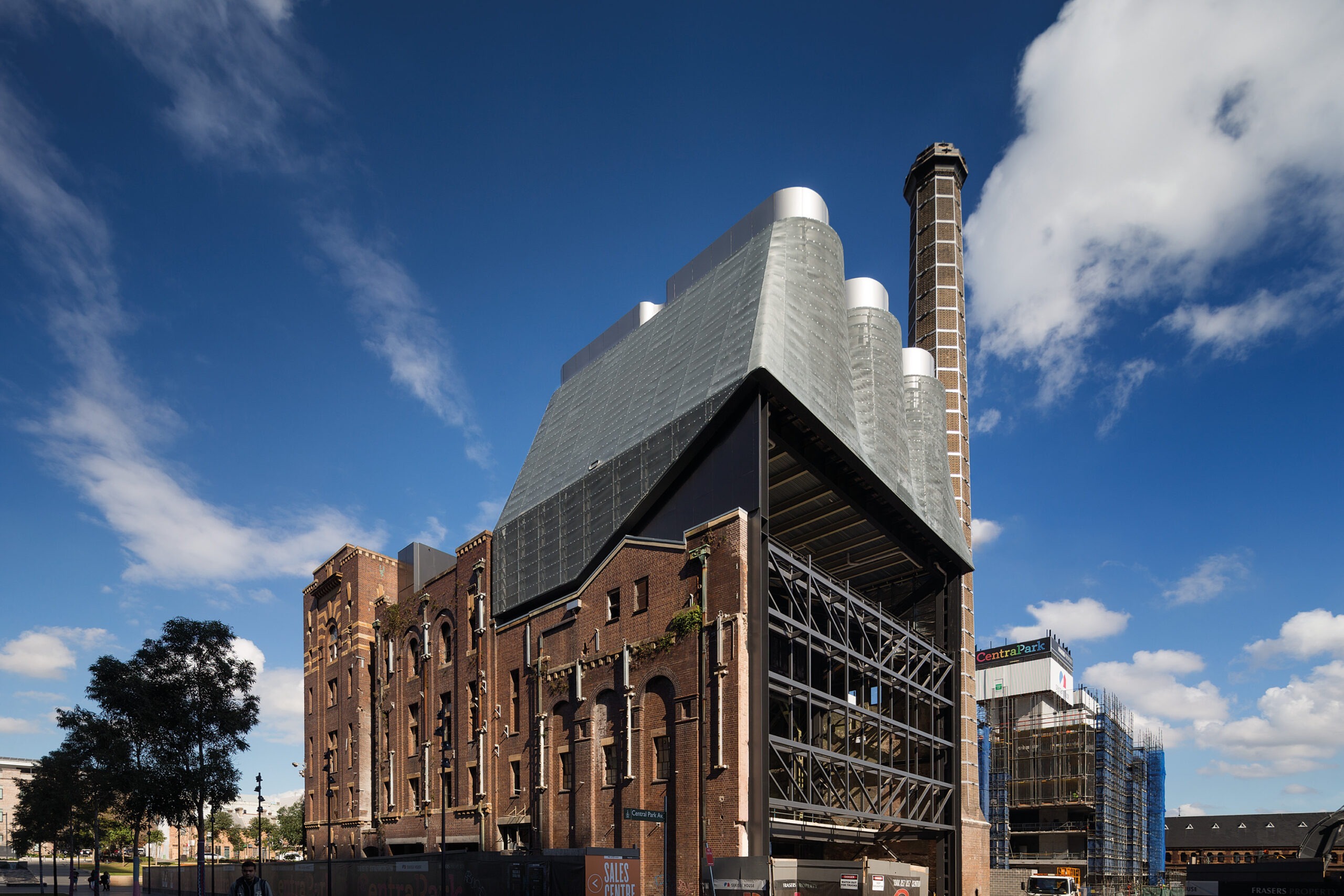 Photograph showing the expressive roof enclosure of the trigeneration plant on top of the heritage structure at Brewery Yard designed by Tzannes