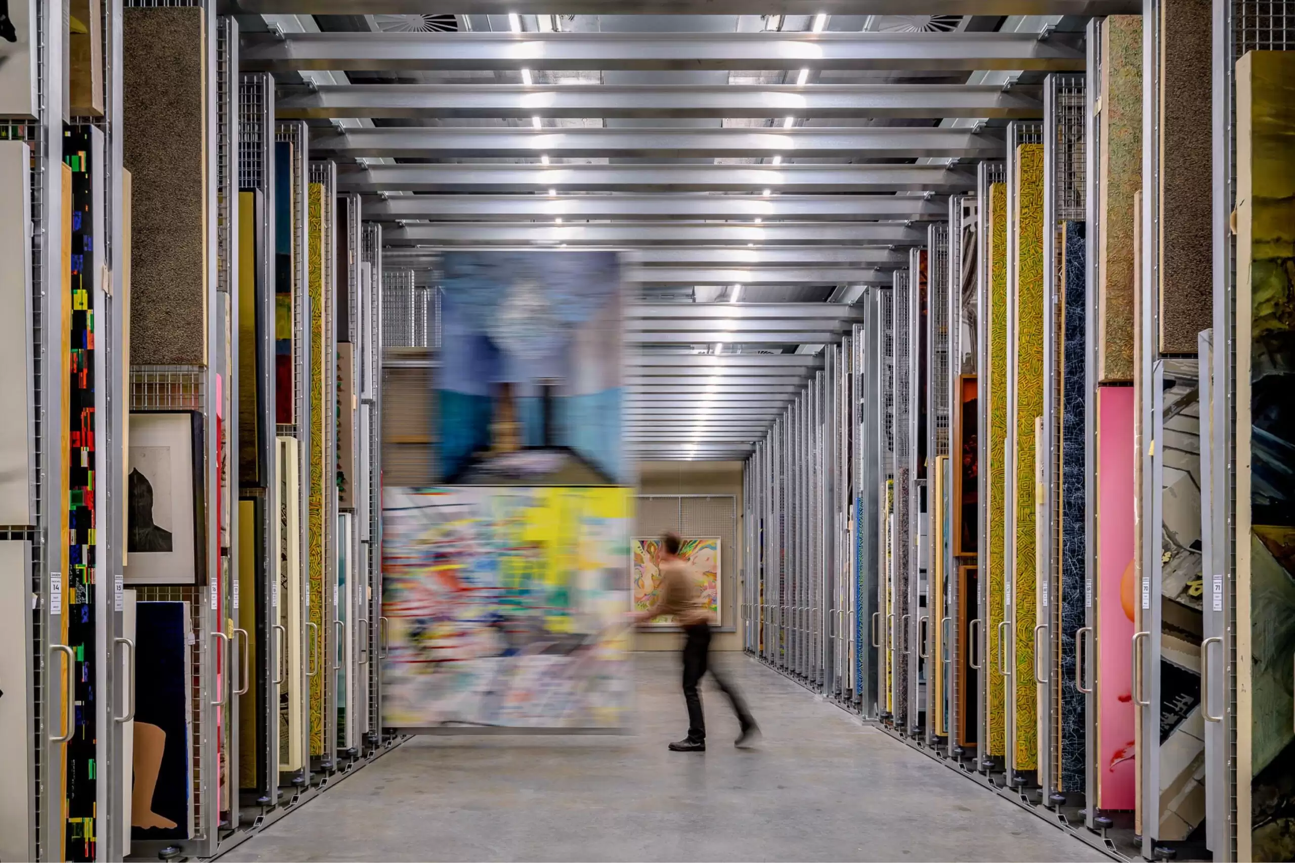 Photograph showing the art storage area in the award-wining Dangrove Art Storage Facility designed by Tzannes