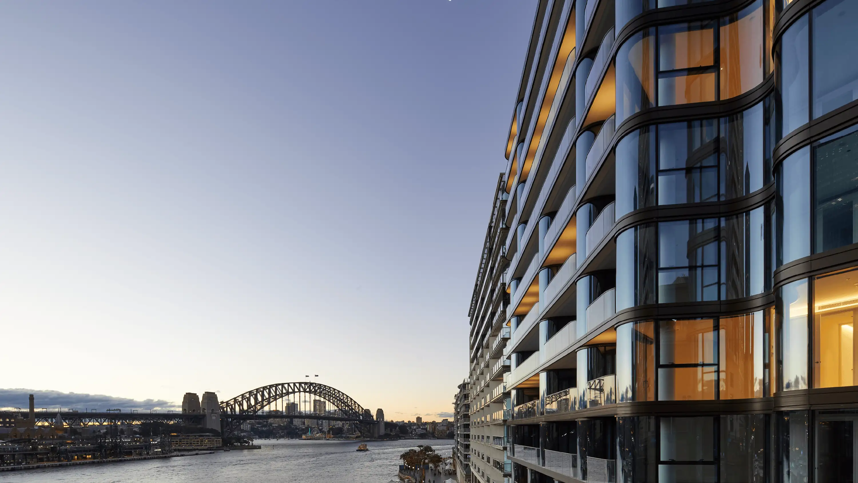 Photograph of Opera Residence façade in context of the Sydney Opera House