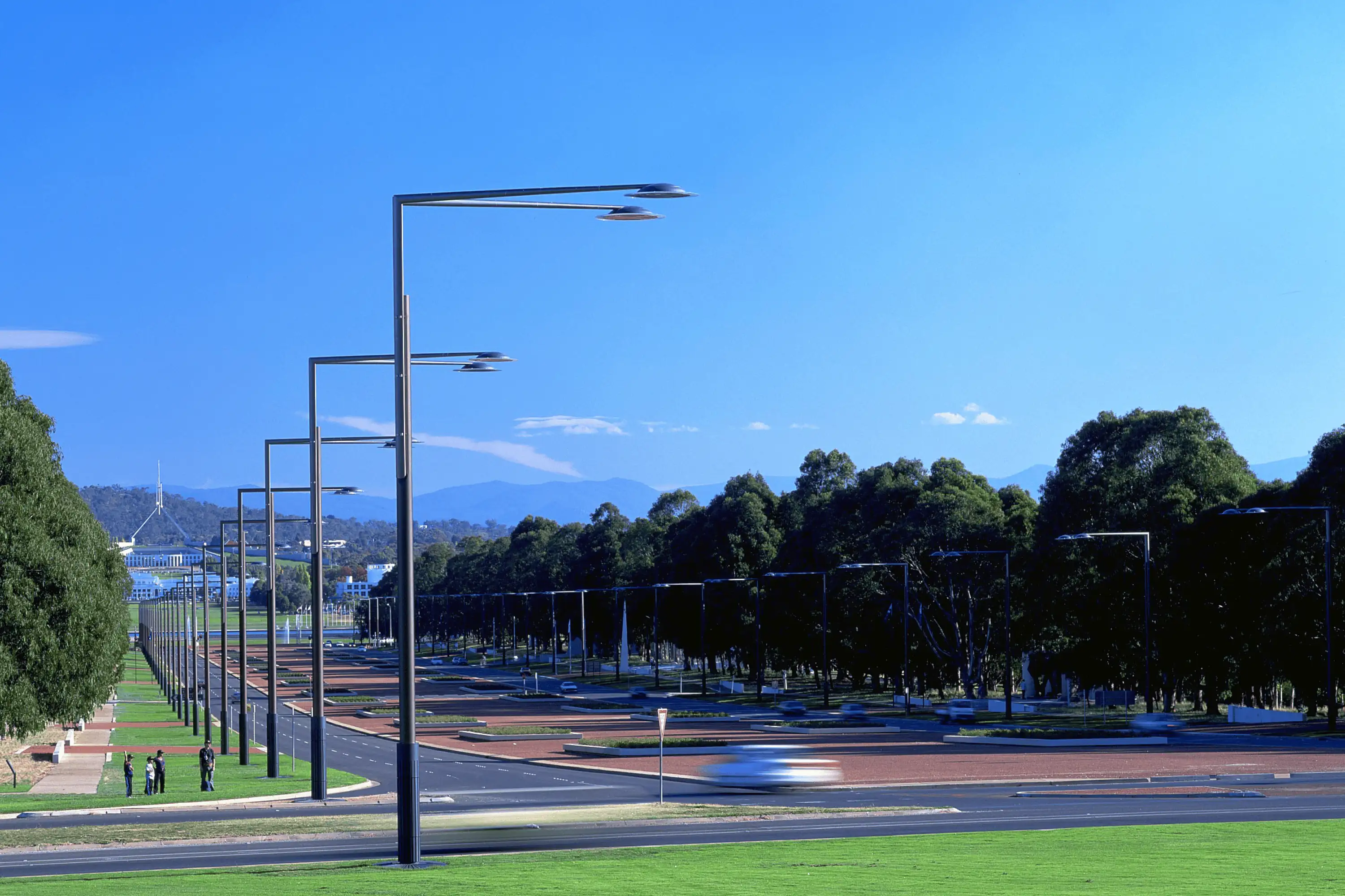 Photograph of the award-wining Anzac Parade Street Lighting Canberra designed by Tzannes