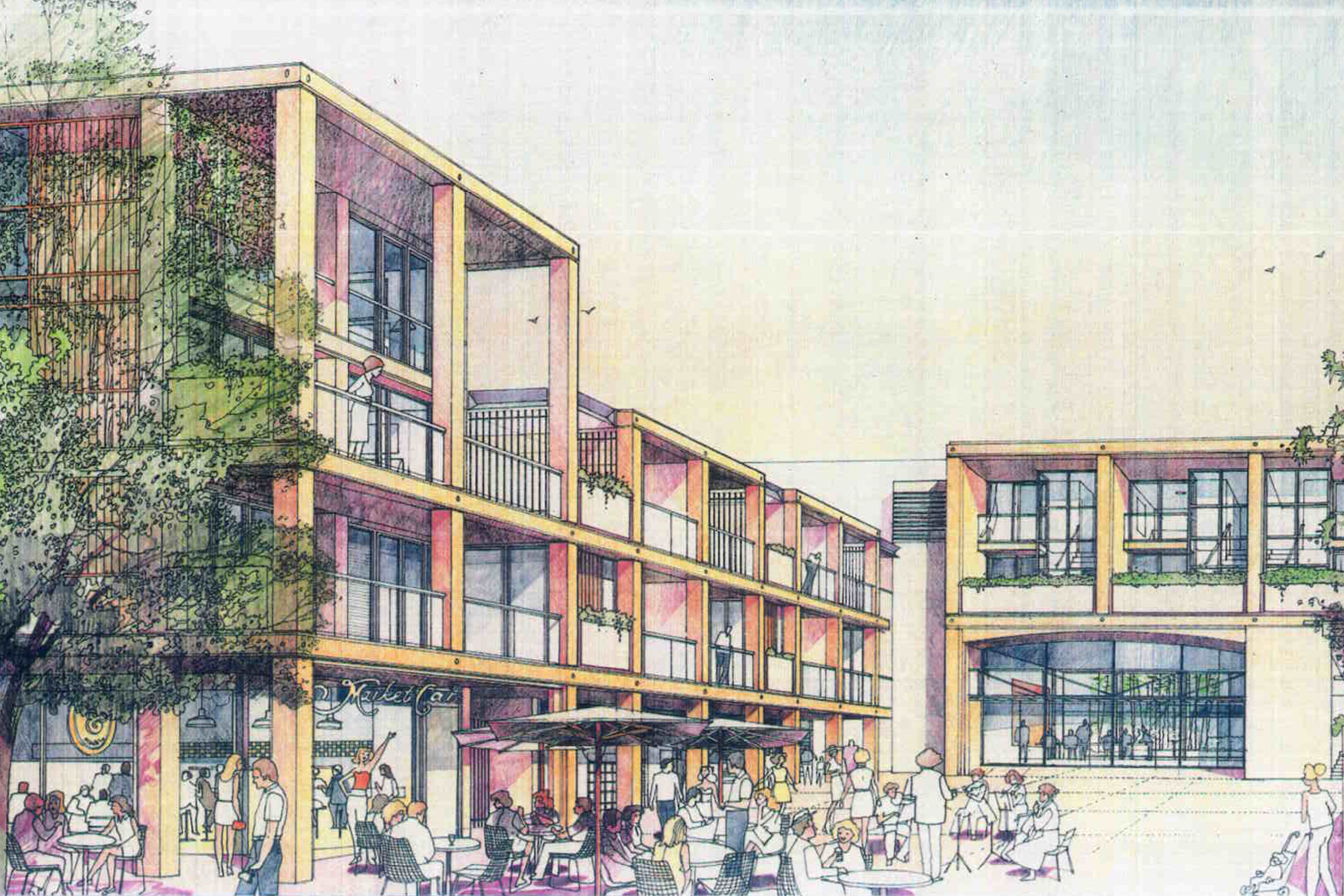 Hand sketch of the award-wining Gungahlin Town Centre design by Tzannes (with ACTPA)